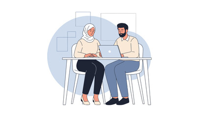 Professional Business Meeting with a Woman and Man Discussing Work on Laptop in Modern Office