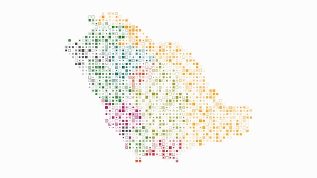 Saudi Arabia animated country shape. Pulsating colored dots on the map of the country. Small size square blocks. Digital style Saudi Arabia map on white background. Vibrant animation video.