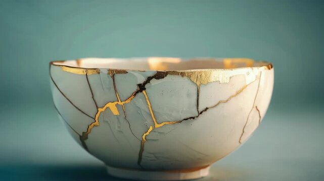 This old Japanese bowl with a cracked glaze is an example of the Kintsugi tradition, where broken or damaged objects are repaired for aesthetic purposes.