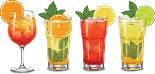 Colorful illustrations of summer cocktails and mocktails with orange lime and mint for cold refreshing drinks menu and bar promotion © Itz Majbahuil Here