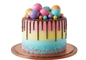 Vibrant whimsical ice cream birthday cake with dark chocolate ganache drip, glitter gradient, candy spheres, confetti, on a copper stand, white studio background, birthday celebration atmosphere