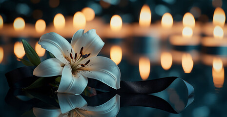 White Lily Black Ribbon Candles Remembrance Sympathy