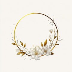 Golden ring frame with white floral elements on beige background