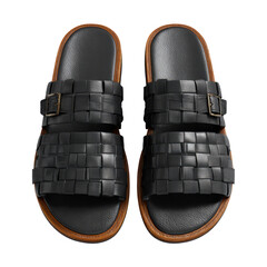 Pair of black woven leather slide sandals with wooden sole detail