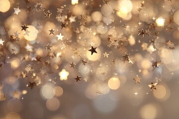 Starry bokeh background with soft golden light and floating metallic stars