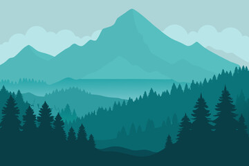  Misty Forest and Mountain Silhouette Vector 