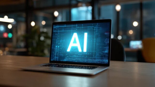 AI Technology: A modern laptop showcases AI in striking, illuminated display, representing the forefront of technological advancement and the promise of artificial intelligence.