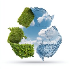 Recycle symbol made of grass, leaves, sky and water on a white background