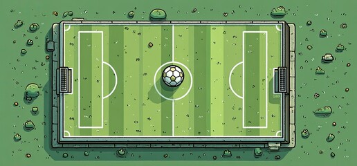 Overhead view of a soccer field with ball, sketched style on a green field