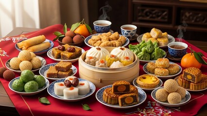 Chinese pastries and tea on a red tablecloth