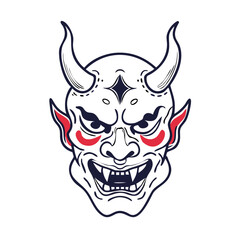 Fototapeta premium Demon mask, tattoo japanese culture. Mask oni on a white background. Art. Print 