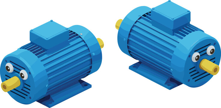 Isometric Electric Motor Vector Illustration Set Showing Industrial AC Motor Units for Machinery, Manufacturing, and Engineering Design