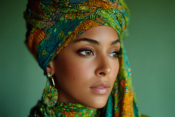 Beautiful young woman wearing traditional African head wrap on green background. Generated AI