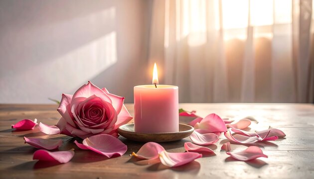 A lit pink candle and a rose rest on a wooden surface with scattered petals. Sunlight streams in from a window