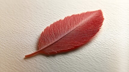 Vibrant red feather on white textured background