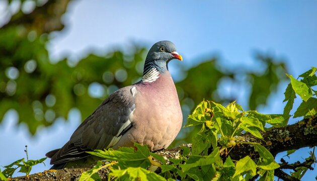 A beautiful pigeon perched on a tree branch, surrounded by lush green leaves and a clear blue sky.