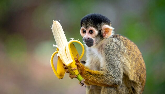 A curious squirrel monkey holding and examining a ripe, peeled banana fruit in its hands.