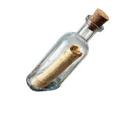 Message in a bottle with cork and old scroll on black background