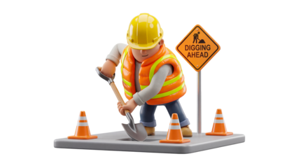 Construction Worker with Shovel and Roadwork Safety Scene