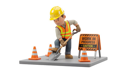 Construction Worker Digging Roadway with Safety Cones and Sign
