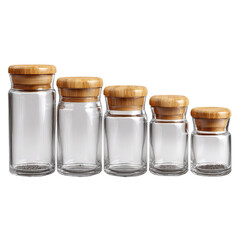 Five glass jars with bamboo lids and seeds on a black background