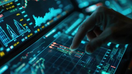 The hand navigating through a complex digital dashboard with various data metrics displayed on the screen. - Powered by Adobe