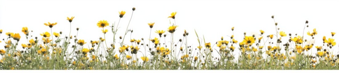 Fototapeta premium Frolicking through a field of yellow wildflowers, set against a white background, with a banner providing ample copy space.