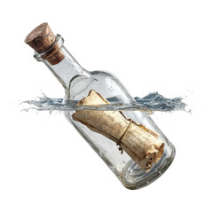 Message in a bottle with water splash on black background