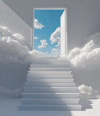 Surreal stairs leading to open doorway with blue sky and fluffy clouds