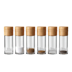 Six glass spice jars with wooden lids, some containing spices