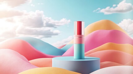 Vibrant cosmetic product on pastel podium in dreamy landscape