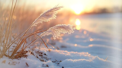 Frosted grass sways gently in winter sunrise landscape