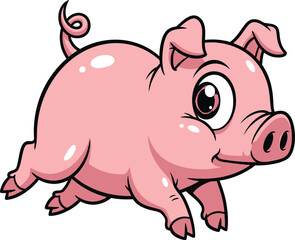 Cute cartoon piglet with big eyes and curly tail running