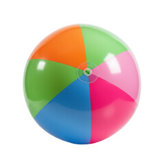 Obraz premium Perfectly spherical, fully inflated beach ball with vibrant orange, green, purple, pink segments, white valve, glossy PVC, against a transparent studio background, high-key aesthetic, concept of