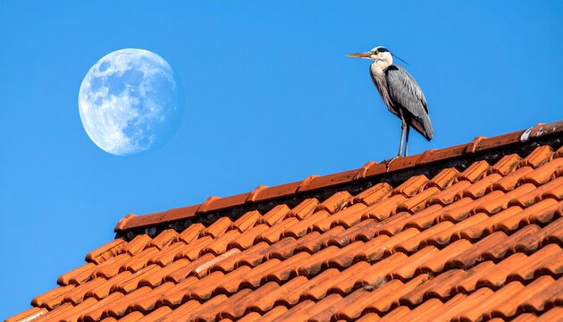 A majestic heron perched on a terracotta roof under a bright moonlit sky.