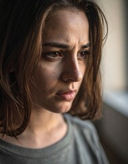 Fototapeta premium Woman with Furrowed Brow Looking Away