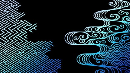 黒地浮世絵風和風伝統紋イメージ雲模様水波模様テクスチャ 背景素材	