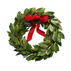 Green laurel wreath with red velvet ribbon bow on black background