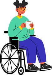 Happy Woman in Wheelchair Enjoying a Cup of Coffee or Tea Illustration