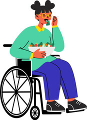 Young Woman in Wheelchair Eating a Healthy Salad Bowl Illustration