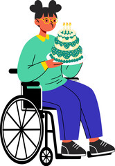Happy Woman in Wheelchair Holding a Birthday Cake with Candles Illustration