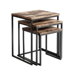 Set of three rustic wooden nesting tables with black metal frames