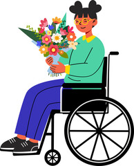 Smiling Young Woman in Wheelchair Holding a Colorful Flower Bouquet