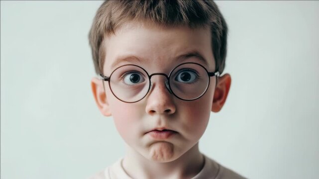 Young boy wearing glasses with a surprised look on his face. Positive emotions and expressions.