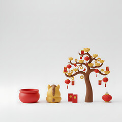 Set of Chinese New Year elements with money tree, red envelopes and cute horse character back view, 3d render for banner