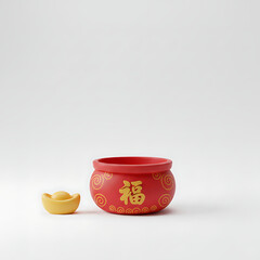 3D rendering of Chinese New Year treasure bowl with gold sycee, red pot with Fu character on white background, lunar new year decoration