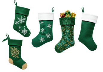 Six distinct green and white Christmas stockings, unique festive designs, elegantly arranged on a transparent background with copy space, festive holiday promotion