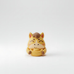 Cute 3D rendering of zodiac horse holding gold sycee, Chinese New Year mascot character isolated on white background