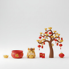 Chinese New Year 2026 year of the horse illustration with money tree, red envelope and cute zodiac character, 3d render