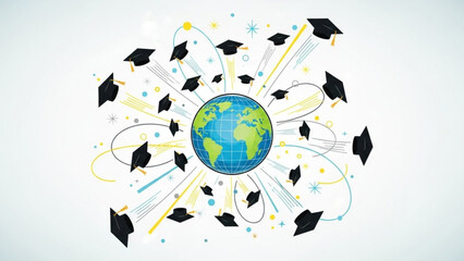 Obraz premium Graduation caps flying around the earth with colorful confetti and lines, symbolizing global education and celebration